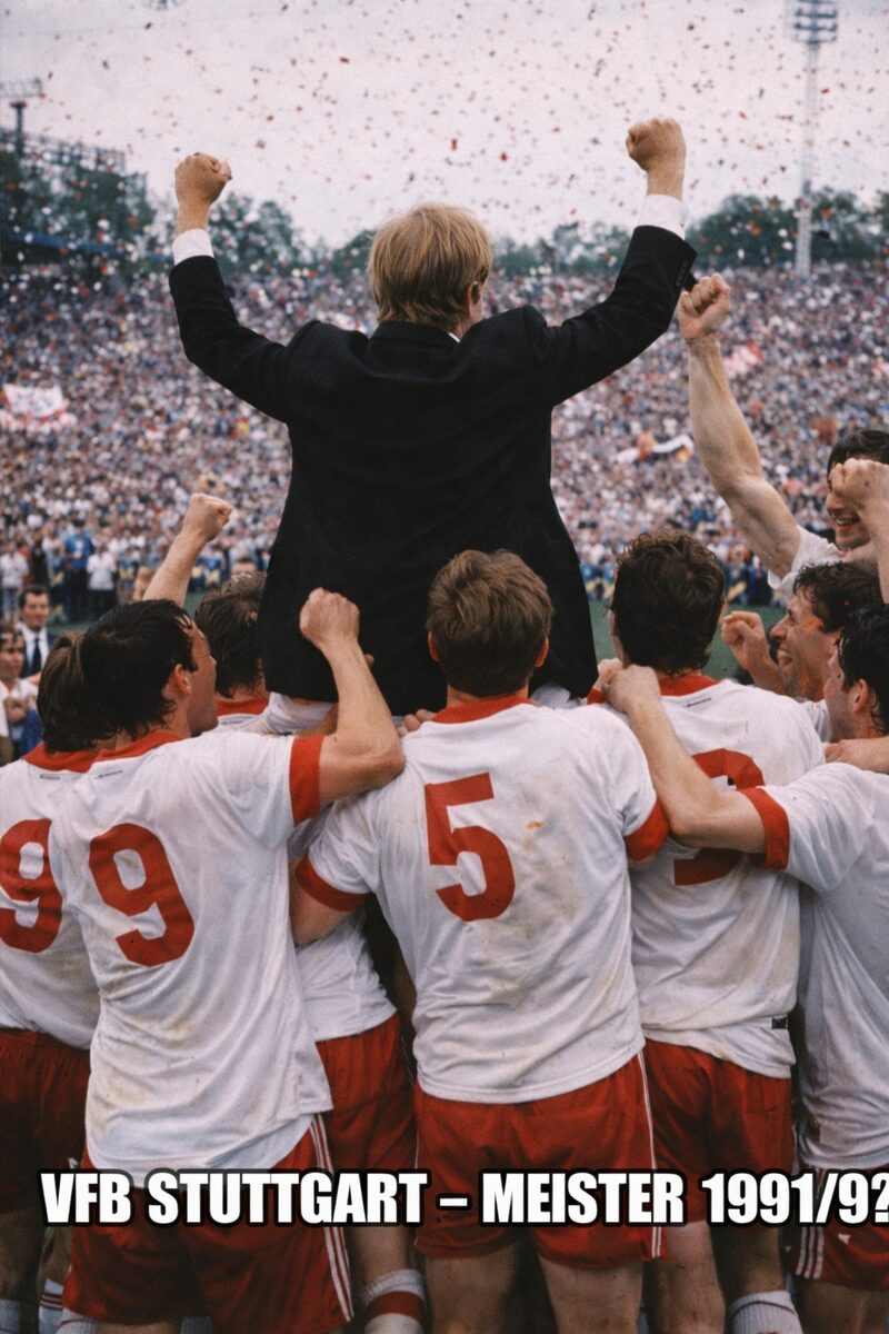 VfB Stuttgart feiert die Deutsche Meisterschaft 1991/92 — Spieler tragen ihren Trainer auf Schultern vor jubelnder Kurve